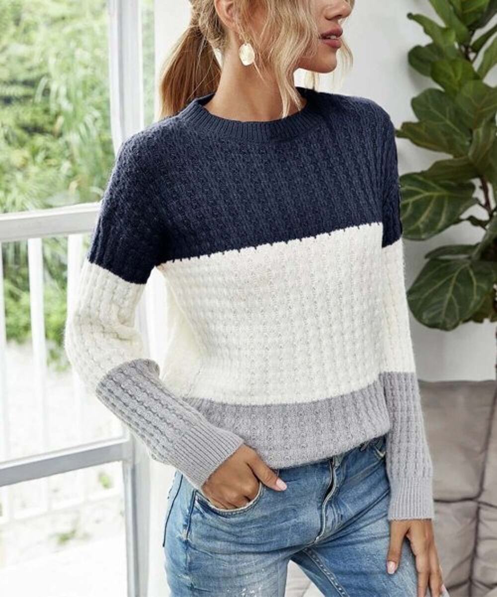 Navy Gray Colorblock Crew Sweater MEDIUM Oversized Soft Boyfriend White Soft